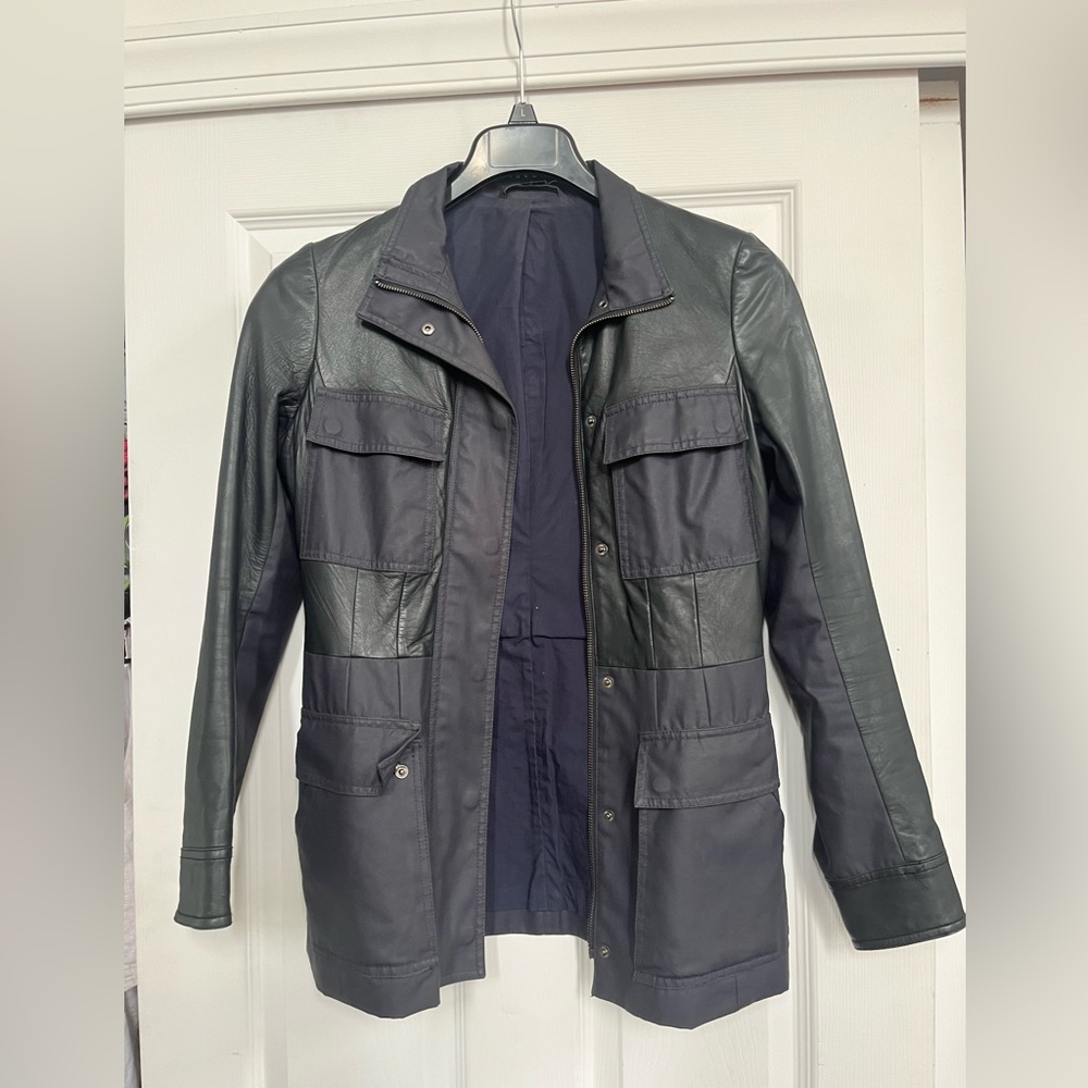 Theory Macaire Navy Leather Canvas Jacket Size Medium